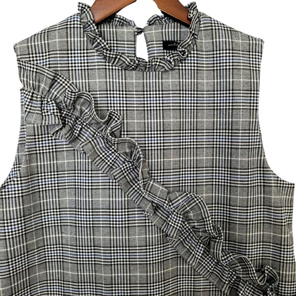 Zara Woman Sleeveless Plaid Top Size S Black/White/Blue Ruffle Detail Office - Picture 4 of 8
